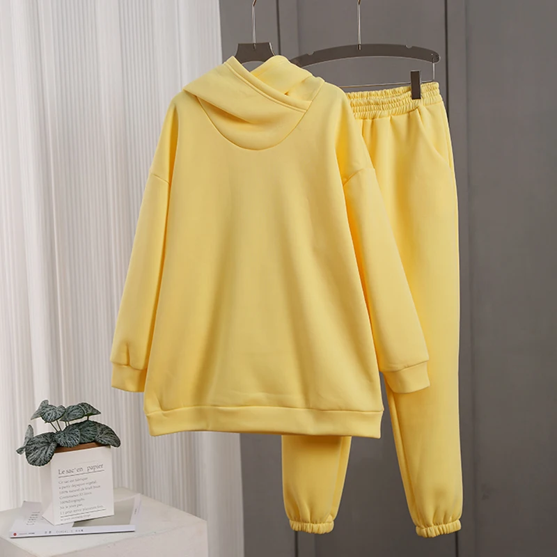 Autumn Winter Warm Tracksuit Women Two Piece Set Oversize Hoodie Sweatshirt And Jogger Pants Sportswear Outfit Fleece-lined Suit