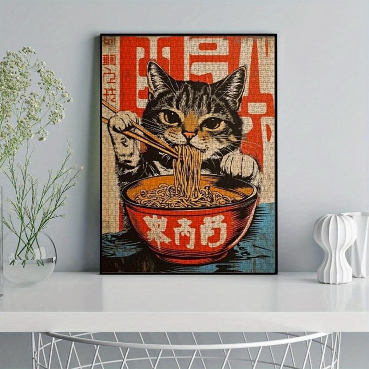 1000pcs Japanese Cat Noodle Puzzle - Retro Anime Art with Cute Manoko-Noodle, Challenging 1000pcs for & Families, Durable Piec