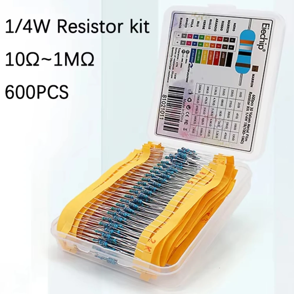 Kit de resistencias de película metálica de 300/600 piezas de 0,25 W, 30 valores, 10Ω-1MΩ, 1% de precisión. Componentes electrónicos de bricolaje, resistencias electrónicas
