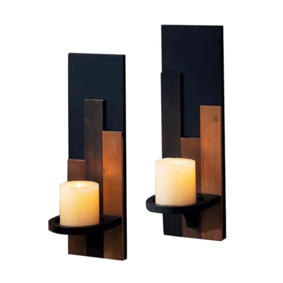 

Wood Rustic Candle Sconces, Set of 2 Wall-Mounted Pillar Candle Holders, Antique Classical Wooden Candleholder for Farmhouse, F