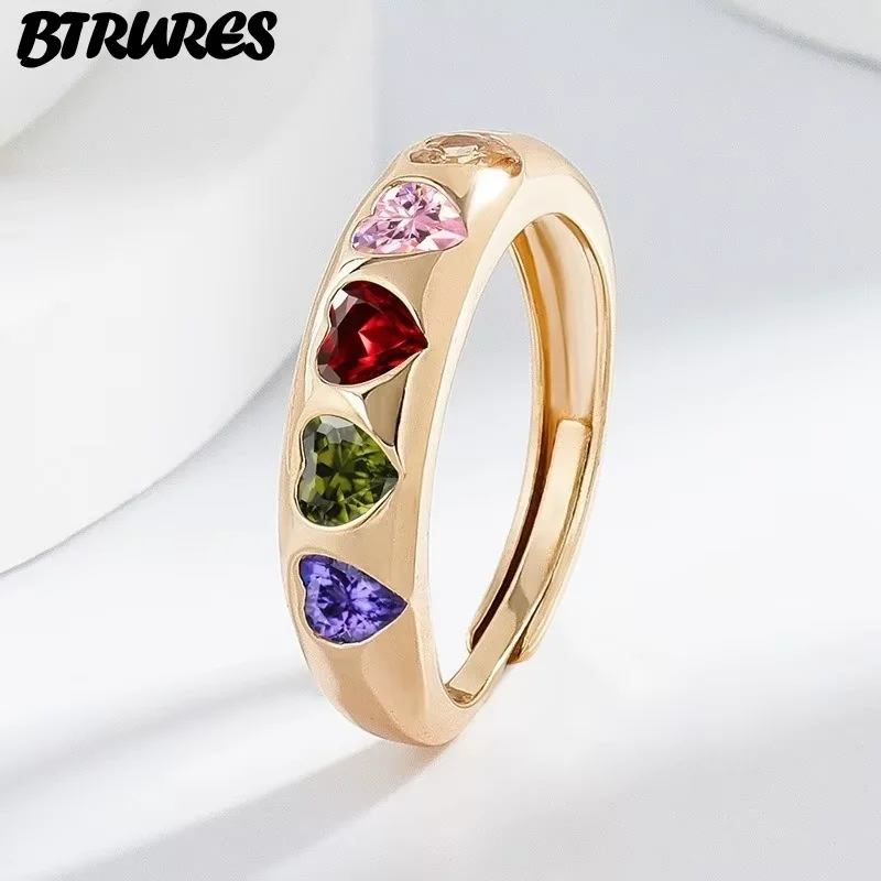 BTRURES 925 Sterling Silver 18K Gold Heart Zircon Round Open Adjustable Rings For Women Fashion Jewelry
