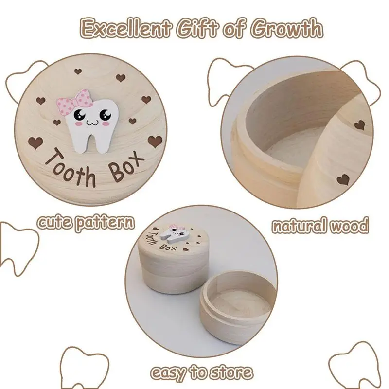 YSUN-Heart Carved Wooden Box Storage Box With 3D Tooth, Souvenir Dropped Tooth Keepsake Storage Box Gift