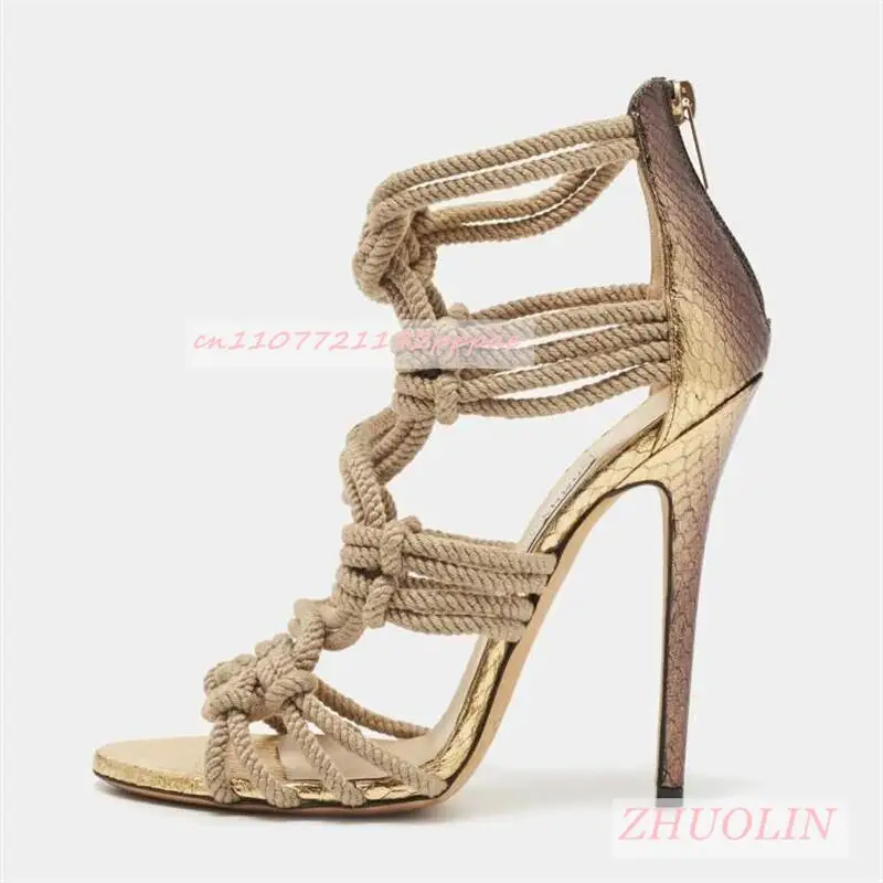 Female Braided Rope Open Toe Sandals Elegant Stilettos Zipper Dress High Heels Sexy Prom Party Big Size Women'S Shoes Gladiator view 5