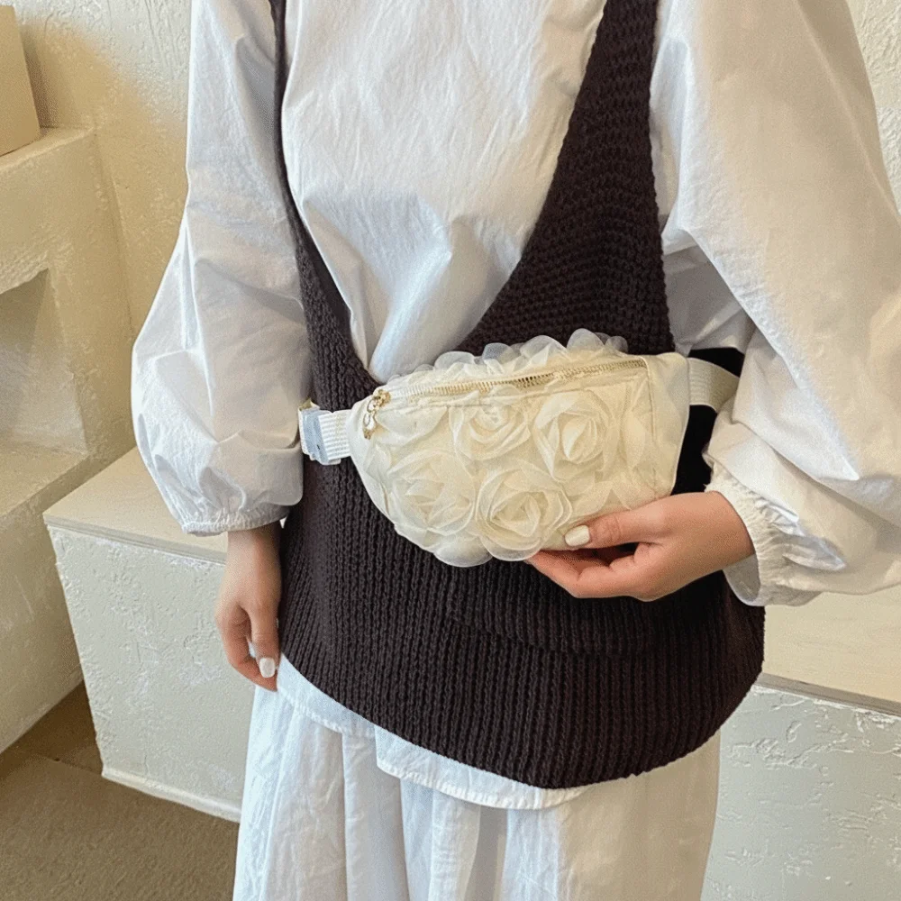 Casual Lace Mesh Waist Bag Lightweight Adjustable Strap Crossbody Bag Flower Pattern Zipper Shoulder Bag