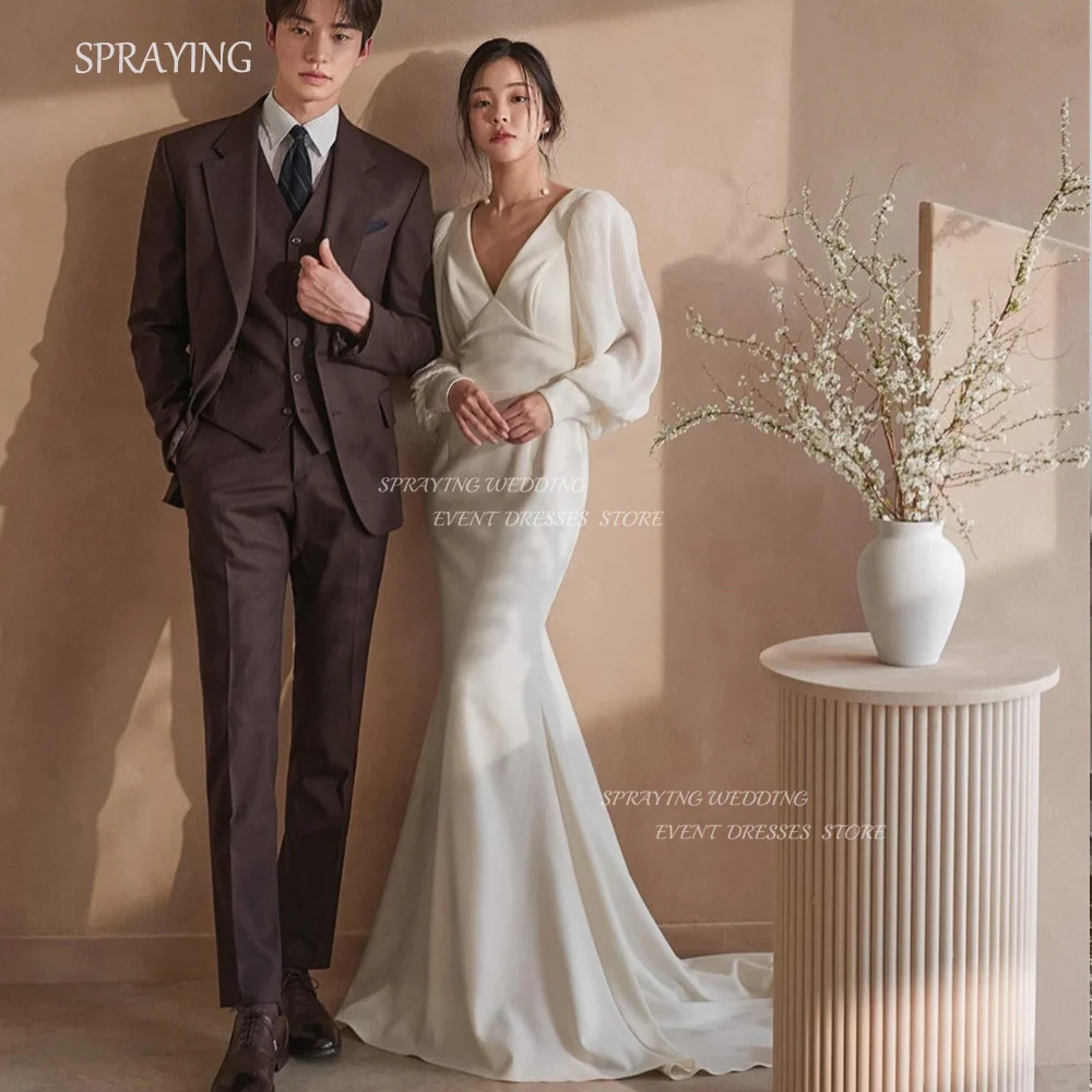 

SPRAYING Mermaid Wedding Party Dresses Custom Made V-Neck Long Sleeves Sweep Train Simple Elegant Bridal Gown Shooting Dresses