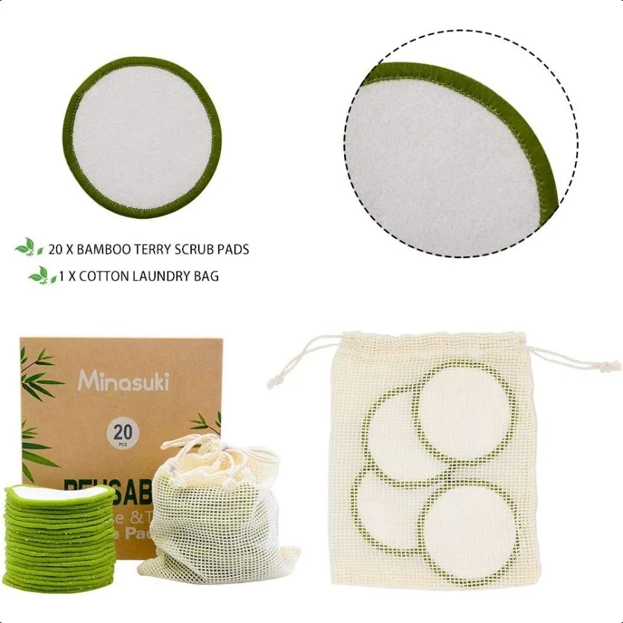 20 Pack Reusable Makeup Remover Pads Bamboo Reusable Cotton Rounds for Toner Washable Pads for All Skin Types with Cotton Laund