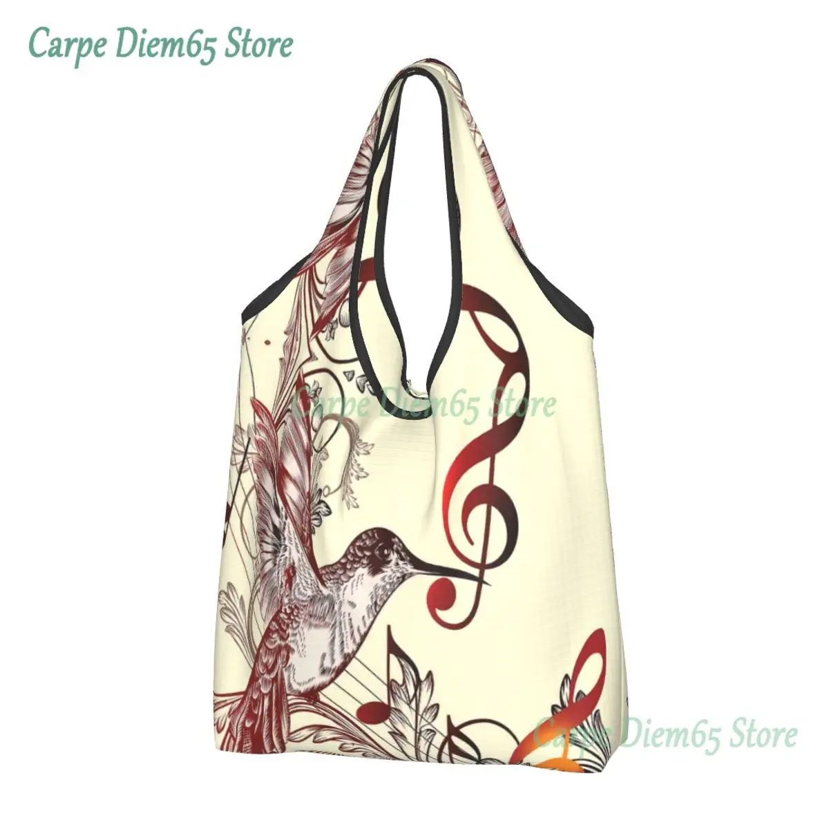 

Hummingbird Groceries Shopping Bags Kawaii Shopper Shoulder Tote Bag Big Capacity Portable Clef Music Notes Five Lines Handbag