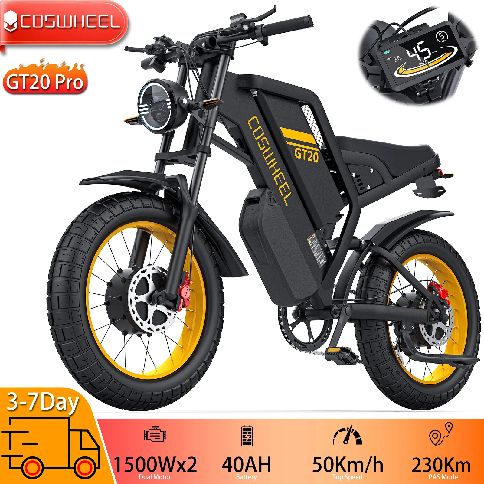 

Электрический горный велосипед COSWHELL GT20 Pro 20x4,0 дюйма, 1500 Вт, двойной мотор, верх, 55 км/ч, режим PAS, 230 км, 48 В, 40 Ач, электронный велосипед унисекс для взрослых