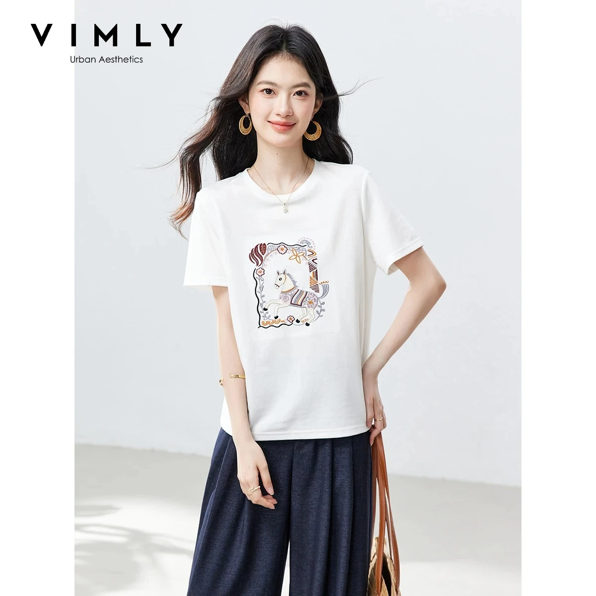 

VIMLY White Cartoon Horse Print Women's T-shirt 2026 Summer Crew Neck Straight Short Sleeve Casual Regular Shoulder Top A6321