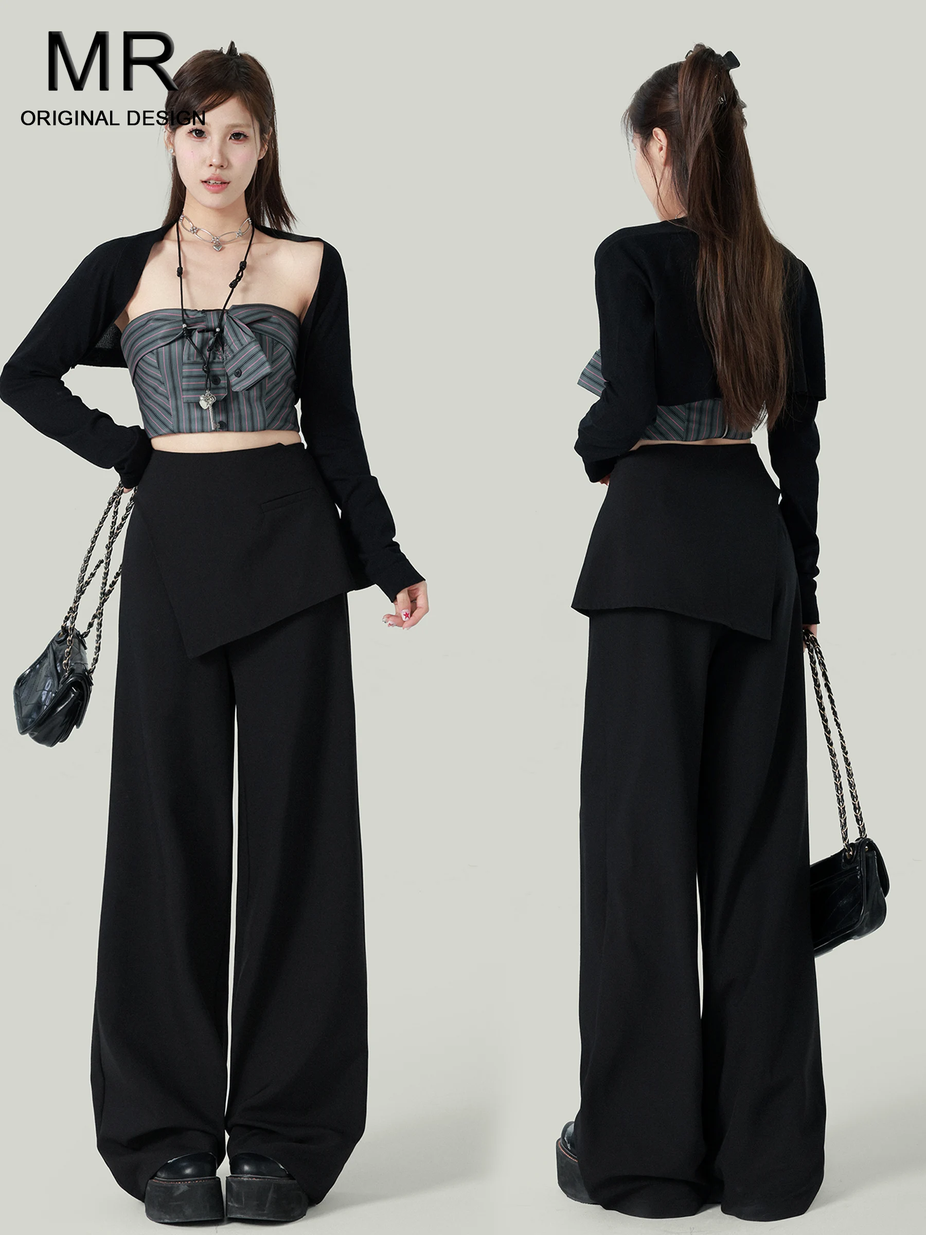 

Черные женские повседневные брюки с высокой талией, широкими штанинами и драпировкой, свободные, стройнящие, осенняя новинка, повседневные брюки для женщин