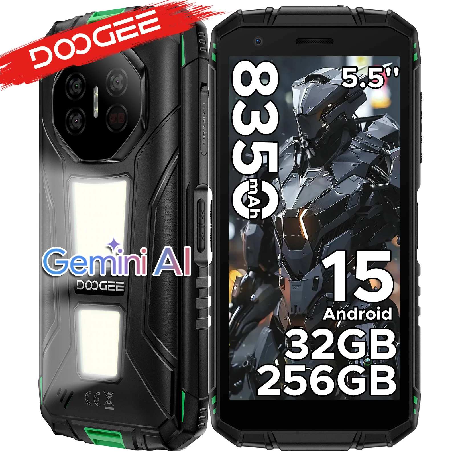 Teléfono robusto DOOGEE Fire 3 Max con 32 GB de RAM, 256 GB de ROM, pantalla HD+ de 5.5 pulgadas con luces de camping, 8350 mAh, UNISOC T7250, 48 MP, NFC, Android 15, teléfono inteligente.