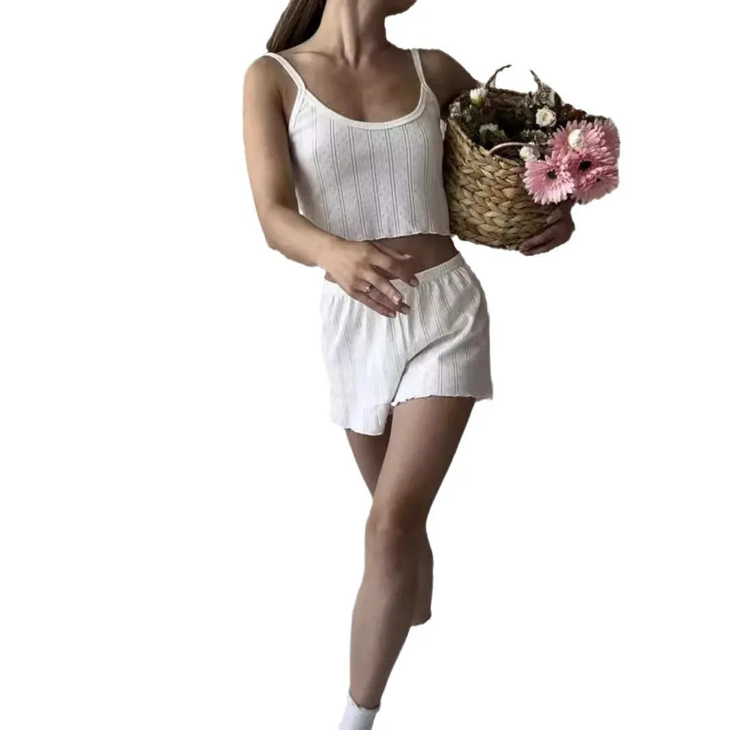 طقم بيجامات نسائي مثير مكون من قطعتين من قماش الجاكار القطني المريح بحمالات قصيرة ملابس نوم ملابس منزلية