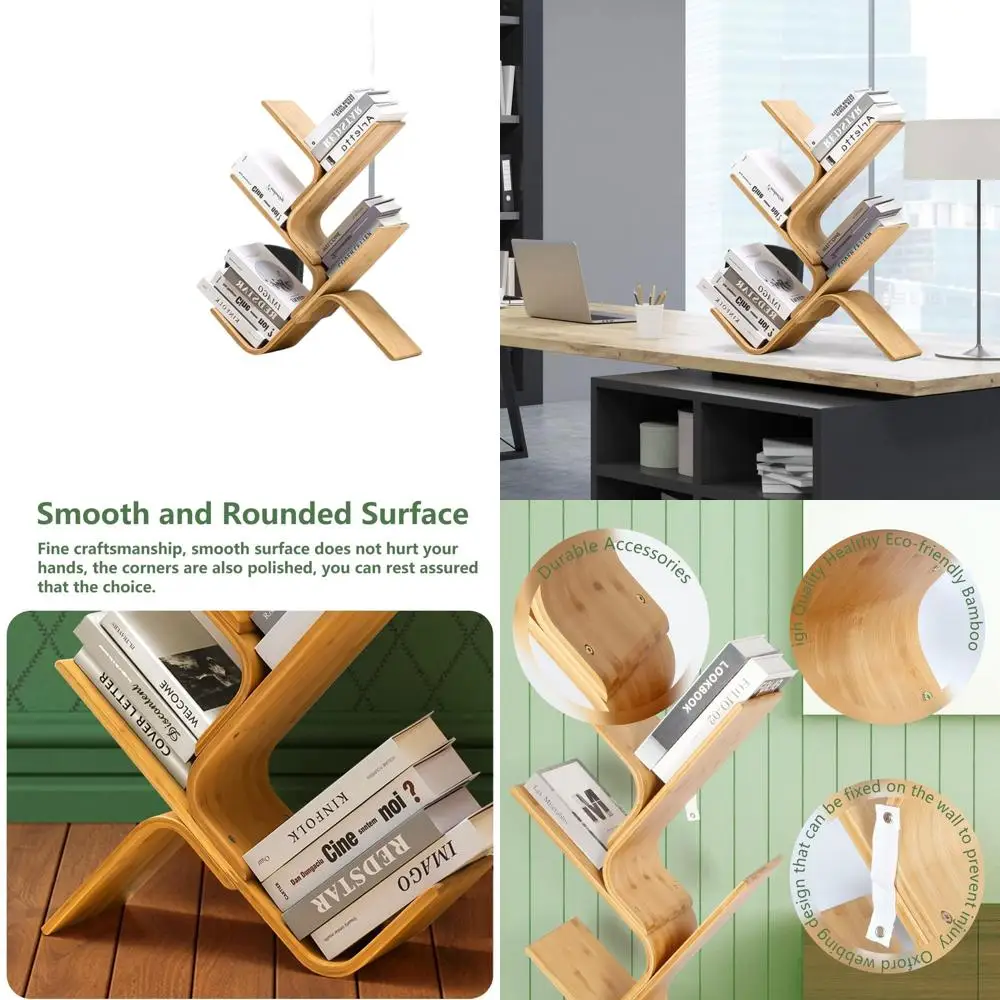 

Contemporary Curved Bamboo Bookshelf - 4-Tier Storage Organizer for Home Office & Living Spaces
