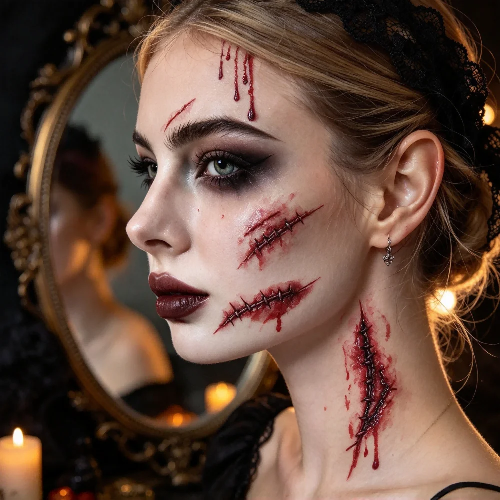 6 Pcs Halloween Scar Tattoos, Realistic Fake Wound Blood Temporary Tattoos, Assorted Styles Zombie Makeup Stickers for Costume Party