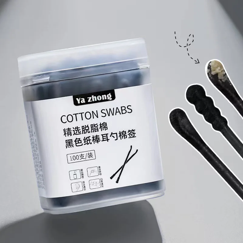 Household Cleaning Cotton Swabs, Dual-ended Ear Pick Sticks, Black Degreased Cotton, 100 Pcs Pack