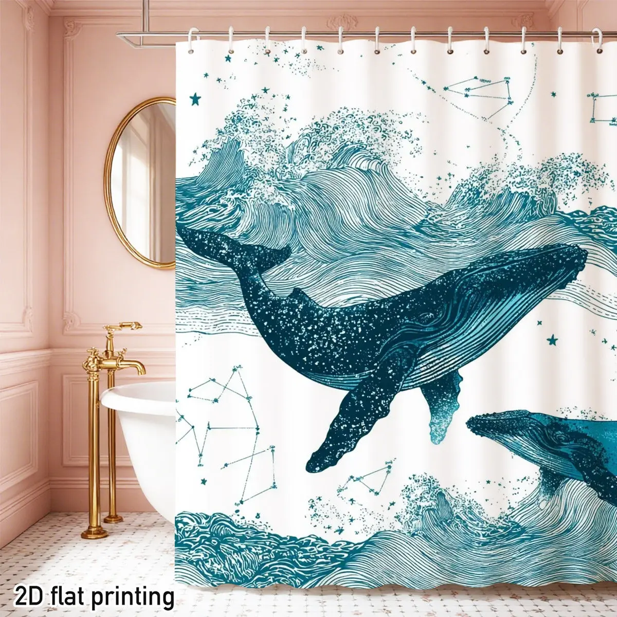 Whale Ocean Shower Curtain Teal Line-Art Whales Amid Swirling Waves & Constellations White Background Nautical Art Decor