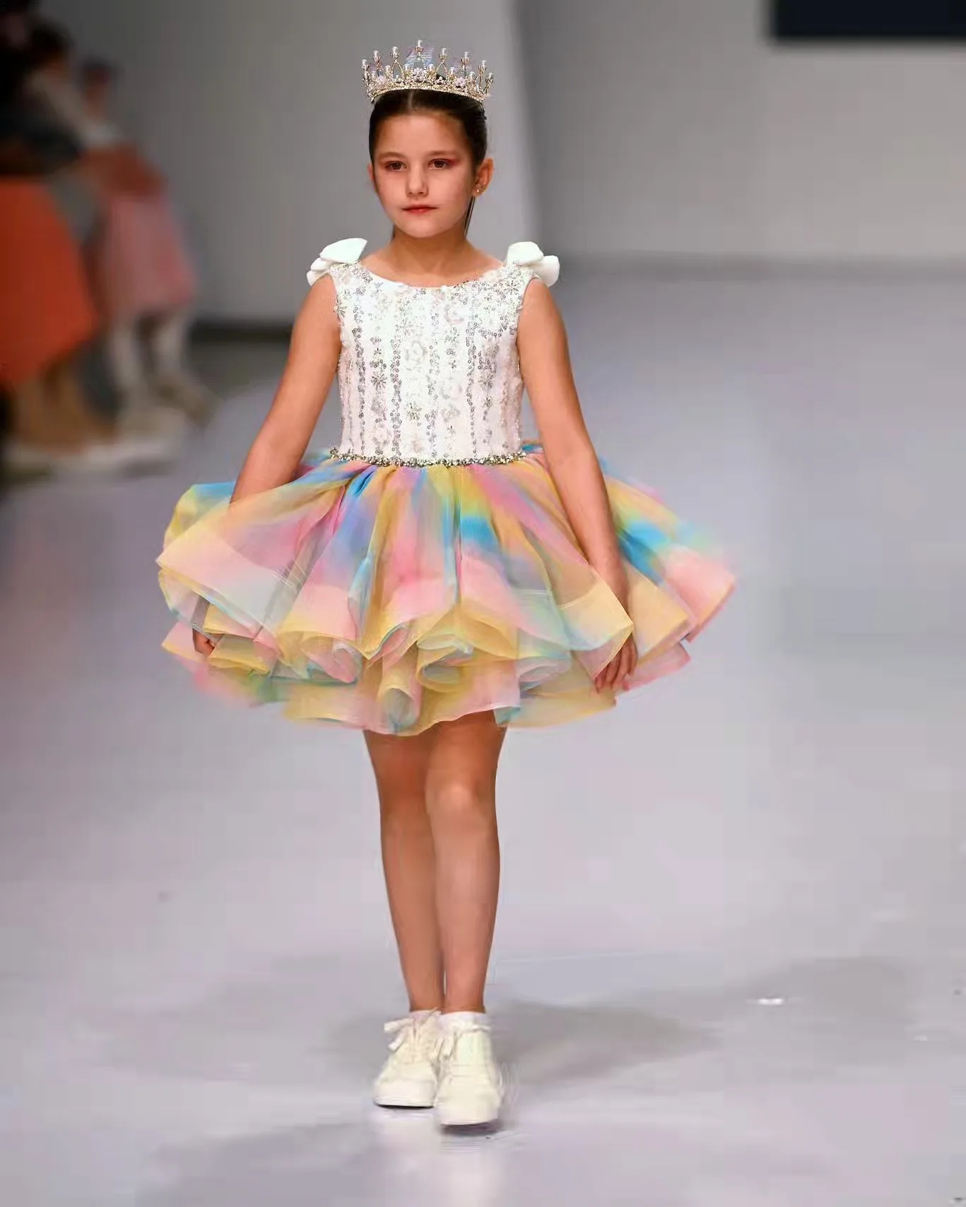 Rainbow Tulle Short Flower Girl Dress For Wedding Party Beading Little Baby Girl Birthday Gowns