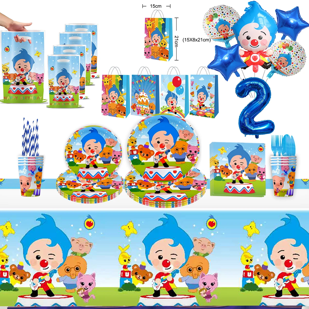 Plim payaso suministros para fiesta de cumpleaños mantel desechable de dibujos animados plato servilleta 3d Plim globo bolsas de papel para decoraciones para niños