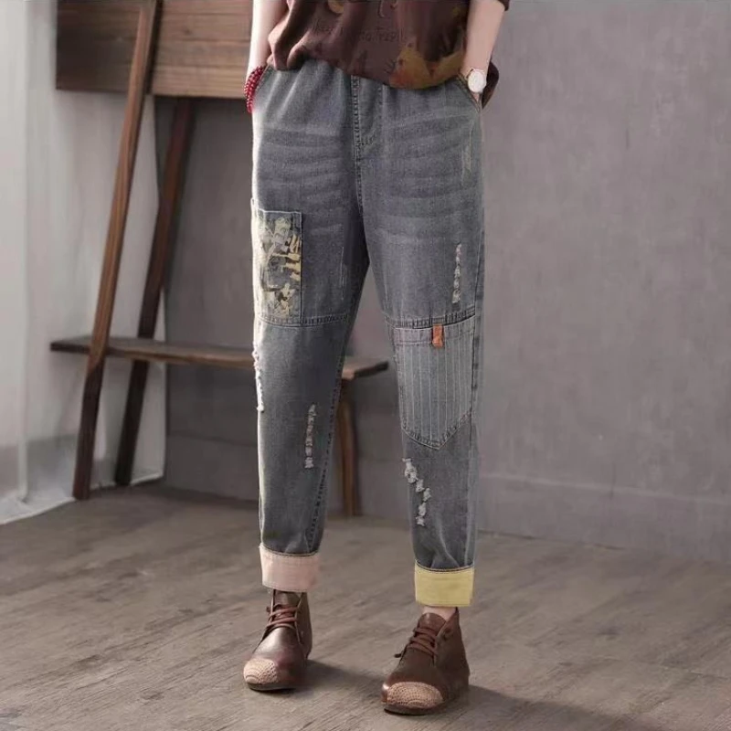 Autumn Ethnic Embroidery Jeans Ladies Baggy Destroyed Denim Artistic Patch Retro Comfort Stretch Waist