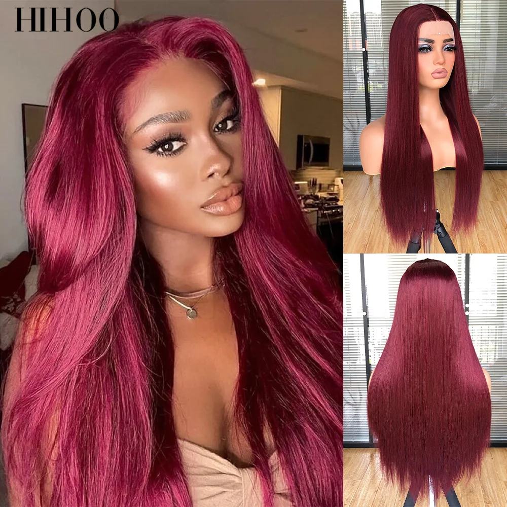 

Long Straight Burgundy Wigs for black Women Synthetic HD Lace Frontal Wigs Glueless Silky Soft Natural Hairline Daily Cosplay