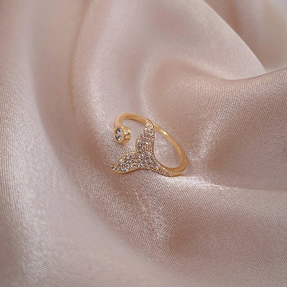1Pcs Fishtail Whale Tail Ring Unclosed Adjustable Index Finger Ring Rhinestone Inlaid Diamond Accent Premium Hypoallergenic