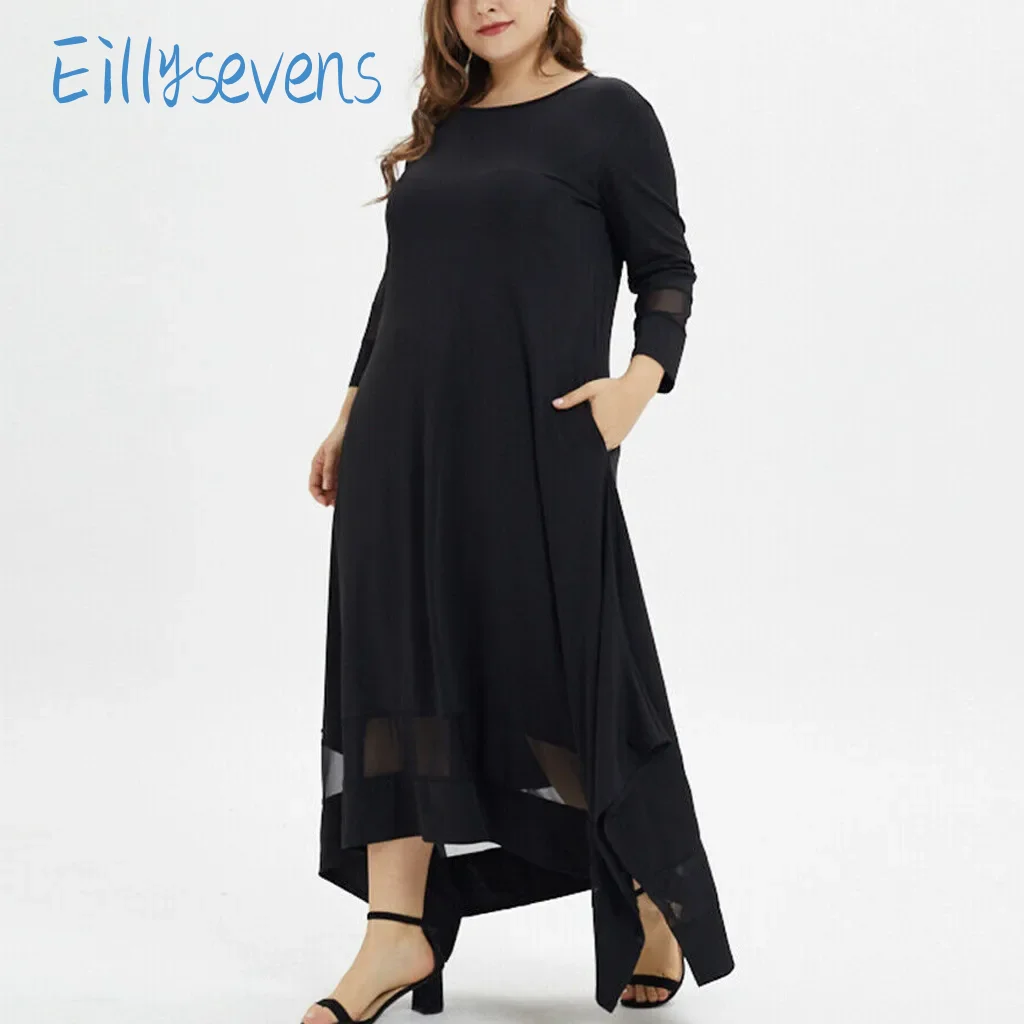 

Large Size Round Neck Muslim Dress Classic Simple Solid Loose Long Sleeve Patchwork Dresses With Pockets All-Match Comfy Dress