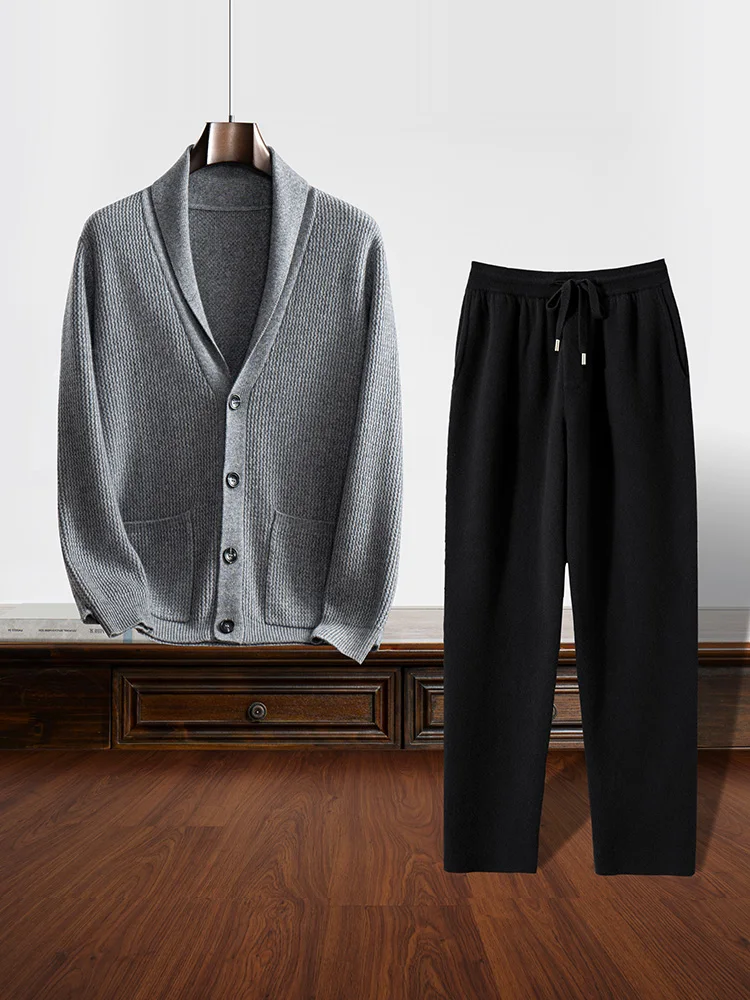 Autumn Winter Sweater Pants Combinations 100% Cashmere Thick Two-piece Men Turn-down Collar Buttons Cardigan Trousers Knit Suit