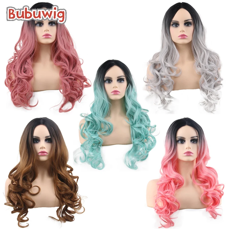 Bubuwig Synthetic Hair Black Gradient Cosplay Wigs 5 Colors 60cm Long Curly Mixed Color Fashion Women Cos Wig Heat Resistant