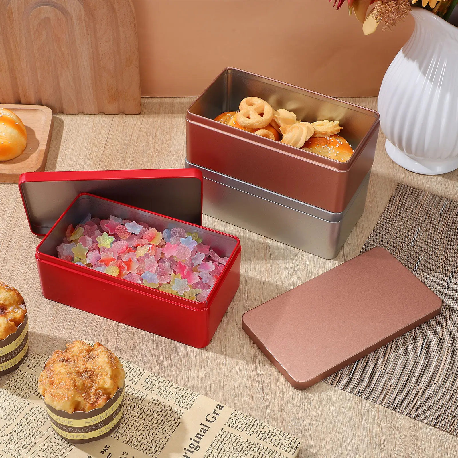 Tinplate Storage Boxes 3 Piece Rectangular Organizers for Tea Candy Paper Clips Home Office Desk