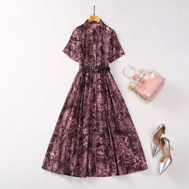 Vintage Animal Print Women Dress Short Sleeve Turn-Down Collar A-Line Dresses 47002