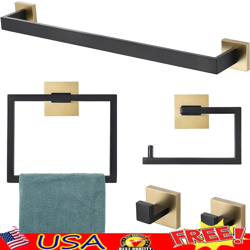 

5 Piece Bathroom Accessories Set Wall Mounted Towel Bar Toilet Paper Holder Towel Ring Coat Hooks Stainless Steel Black Gold