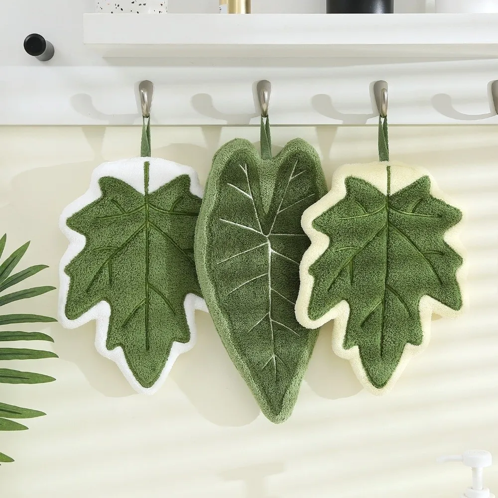 High Quality Cartoon Leaf Hand Towel Coral Velvet Thickened Bathroom Kerchief Absorb Water Hanging Kitchen Handkerchief Kitchen