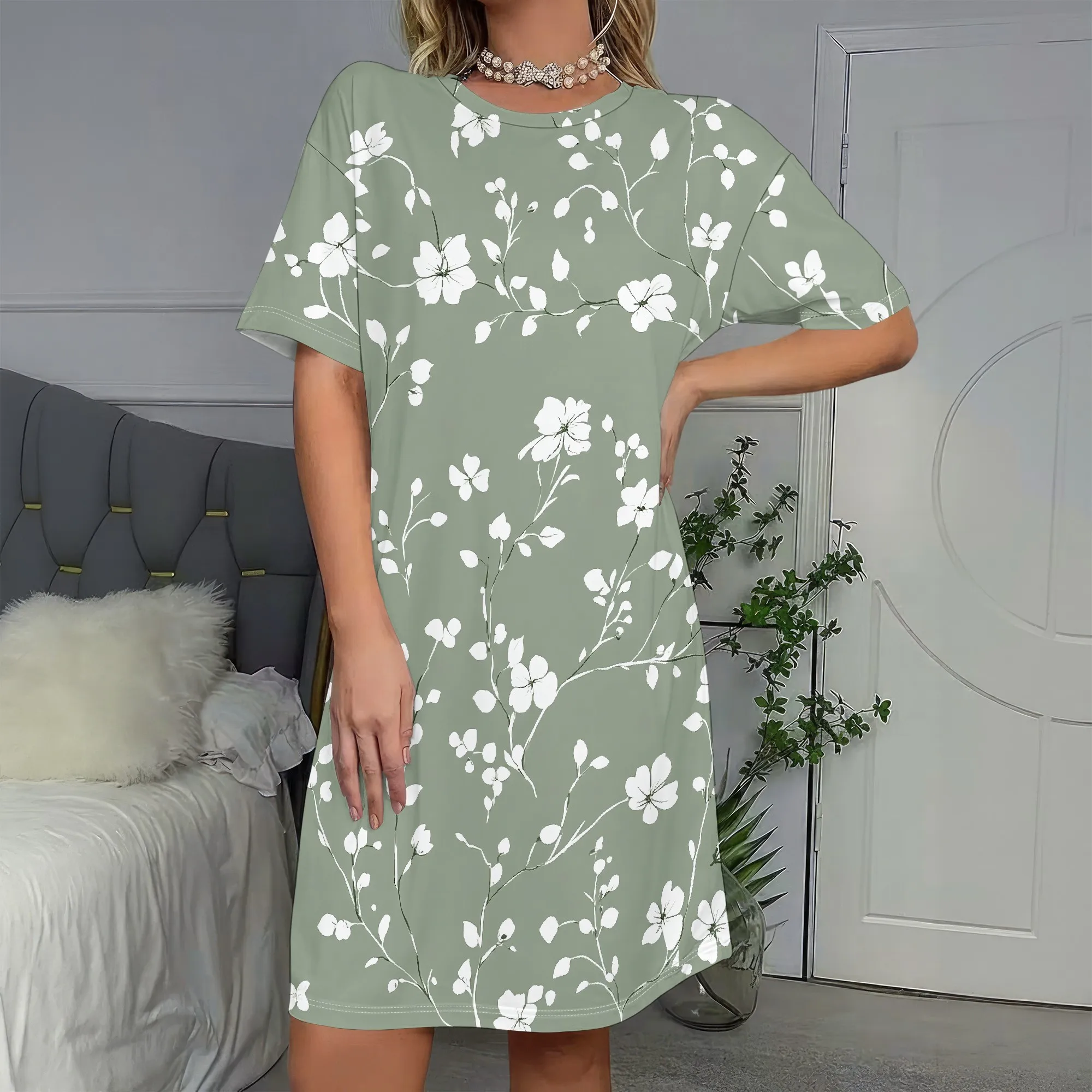 

Floral T-Shirt Dress, Sage Green White Print, Short Sleeve Mini Dress, Casual Summer Wear, Women's Fashion, S-2XL