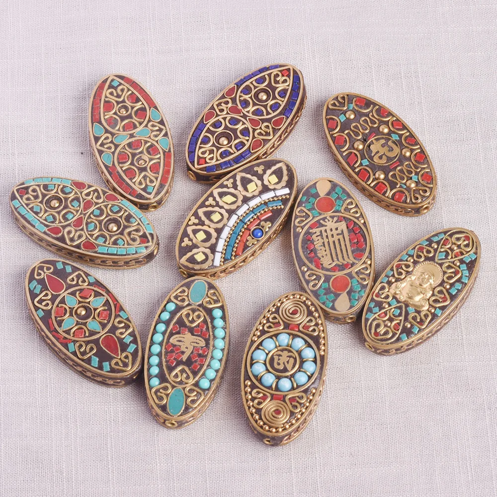 1pcs Big Oval Shape 55x28mm Handmade Nepalese Tibetan Buddhist Brass Metal Clay Loose Beads For DIY Necklace Jewelry Making