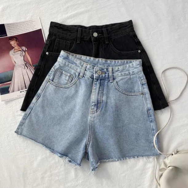 

Летние женские шорты с высокой талией, свободного кроя, утягивающие, А-силуэта, с рваным краем, из джинсовой хлопковой ткани, широкие штанины