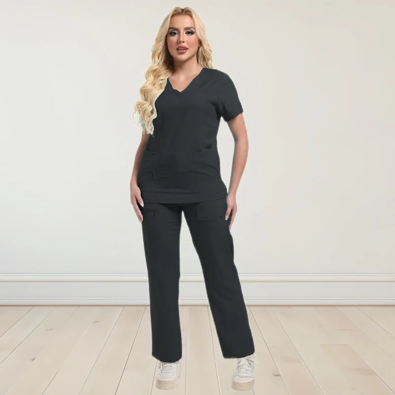 Black Workwear Surgical Uniforms Jogger Suit Nurse Scrubs Set Medical Clinical Clothes Doctor Nursing Uniforms Pockets Top Pants