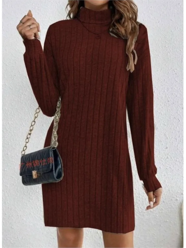 Herbst Winter Neue Rollkragen Mini Kleid Casual Frauen Langarm Solide Kleid 2025, Mode Lose Bequeme Kleider Weibliche
