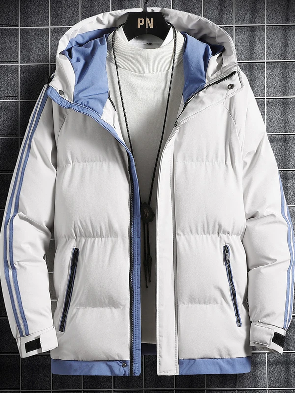 

Men's Winter Thickened Cotton Jacket Hooded Windproof Warm Casual Long Sleeve Standard Fit Polyester Fiber Coat for Teens