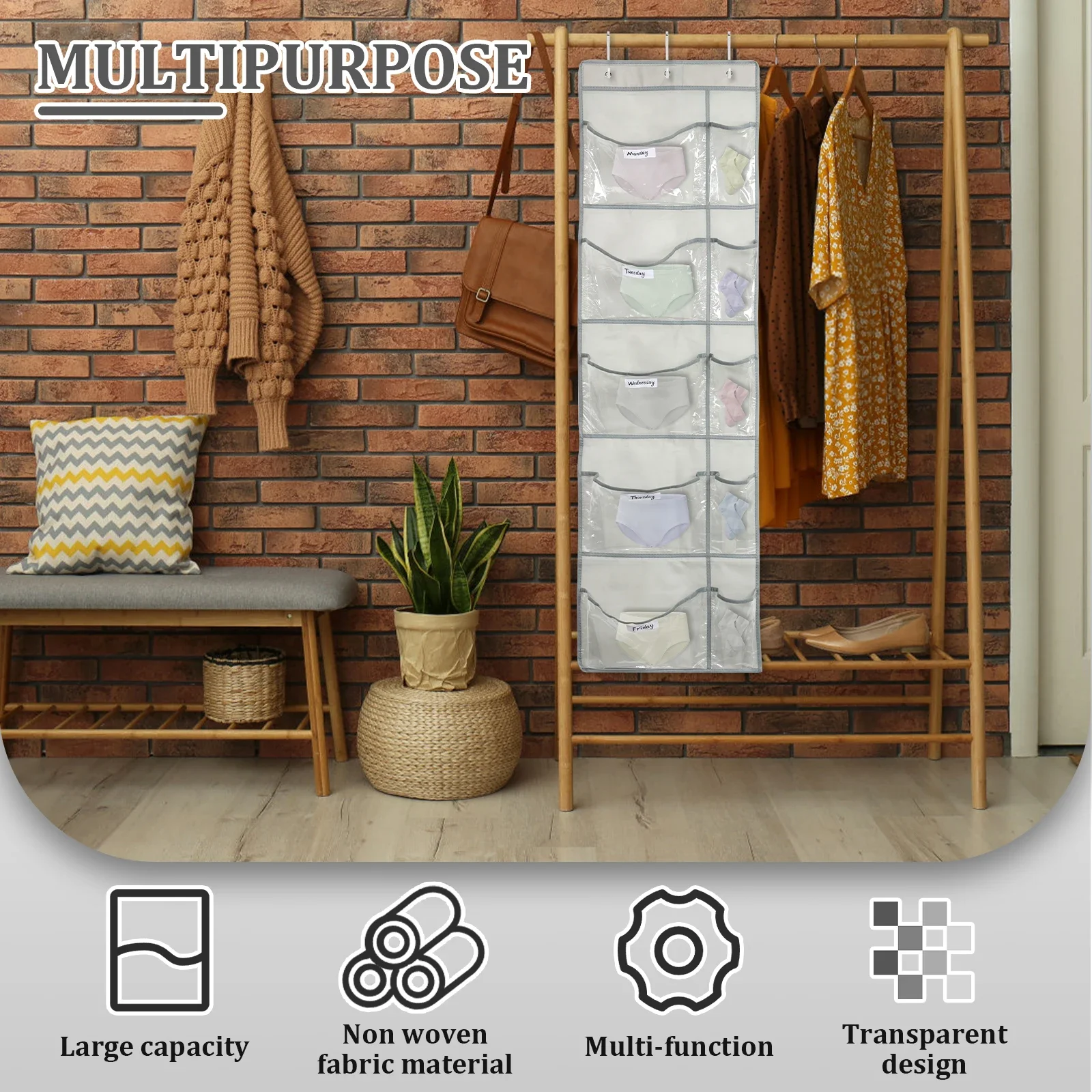3Pcs Weekly Clothes Organizer 5 Layers Transparent Kids Clothing Organizer Multipurpose Wall Mounted Clothes Bag with 10 Pocket