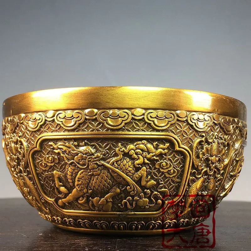 Antique Bronze Bowl Ornament Old Collection Rare Large Brass Double Fish Kylin Wealth Attracting Qianlong Year Treasure Basin