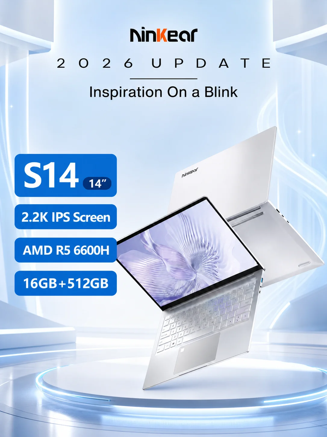 Ninkear S14 Laptop 14 Zoll 2,2K 100% sRGB, AMD Ryzen 5 6600H 6-Core, 16GB DDR5 RAM, 1TB SSD, WiFi 6, Bluetooth 5.3, 60Wh Akku, 65W USB-C Laden, Tastaturbeleuchtung