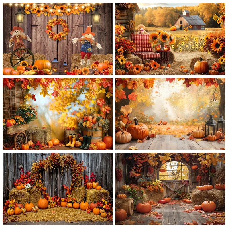 

Autumn Farm Harvest Photography Backdrop Rustic Wooden Cabin Pumpkins Sunflowers Maple Leaves Fall Festival Decor Backgrounds