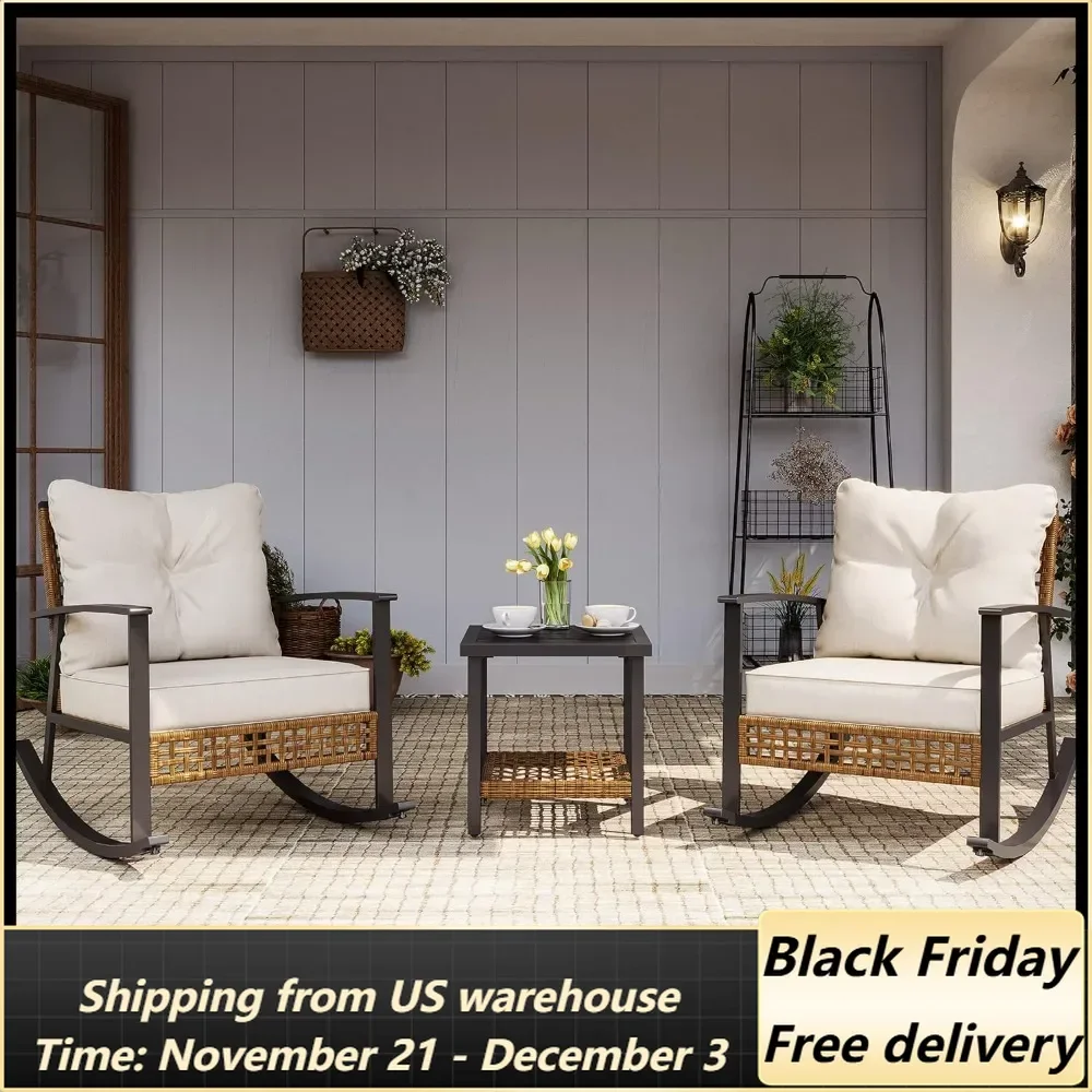 3 Pieces Rocking Bistro Set, Outdoor Patio Furniture Set with Thick Cushions and 2-Tier Coffee TableOversize Rattan