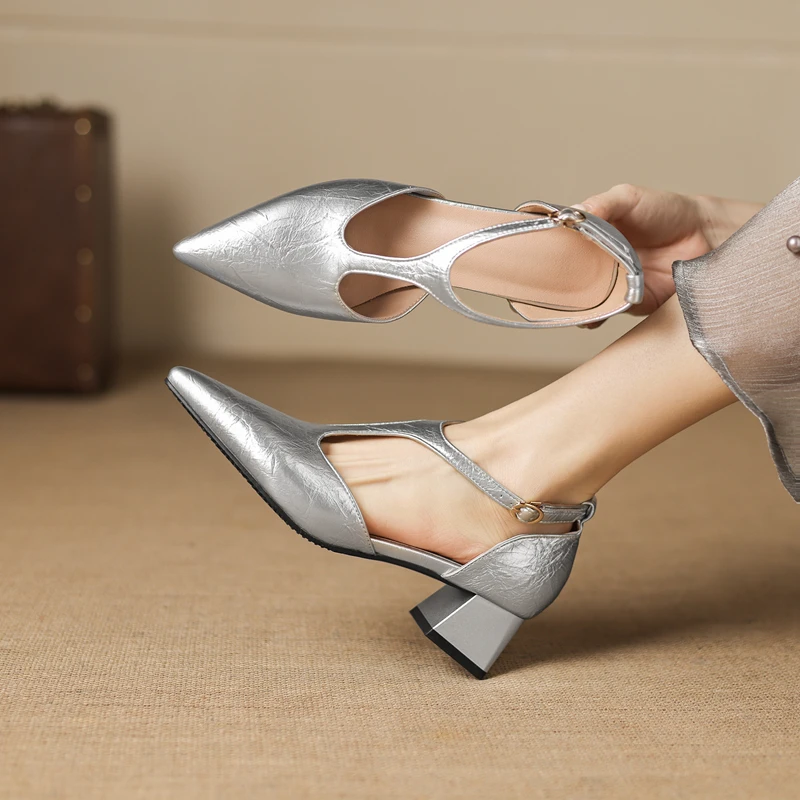 

Gold Silver Spring Summer New T-tied Woman Sandals Pu Leather Pointy Toe Solid Elegant 4.5cm Middle Heel Office Lady Dress Shoes