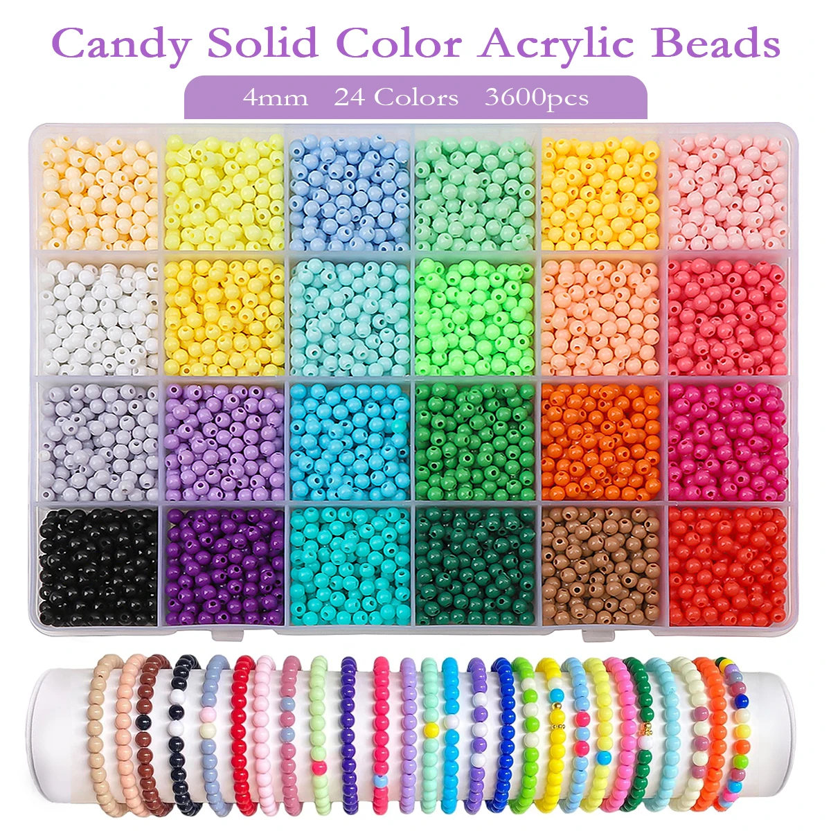 

4mm 3600pcs Candy Color Acrylic Beads 24 Colors Solid Color for DIY Jewelry Making Bracelet Necklace Craft Hole 1mm 5g/grid