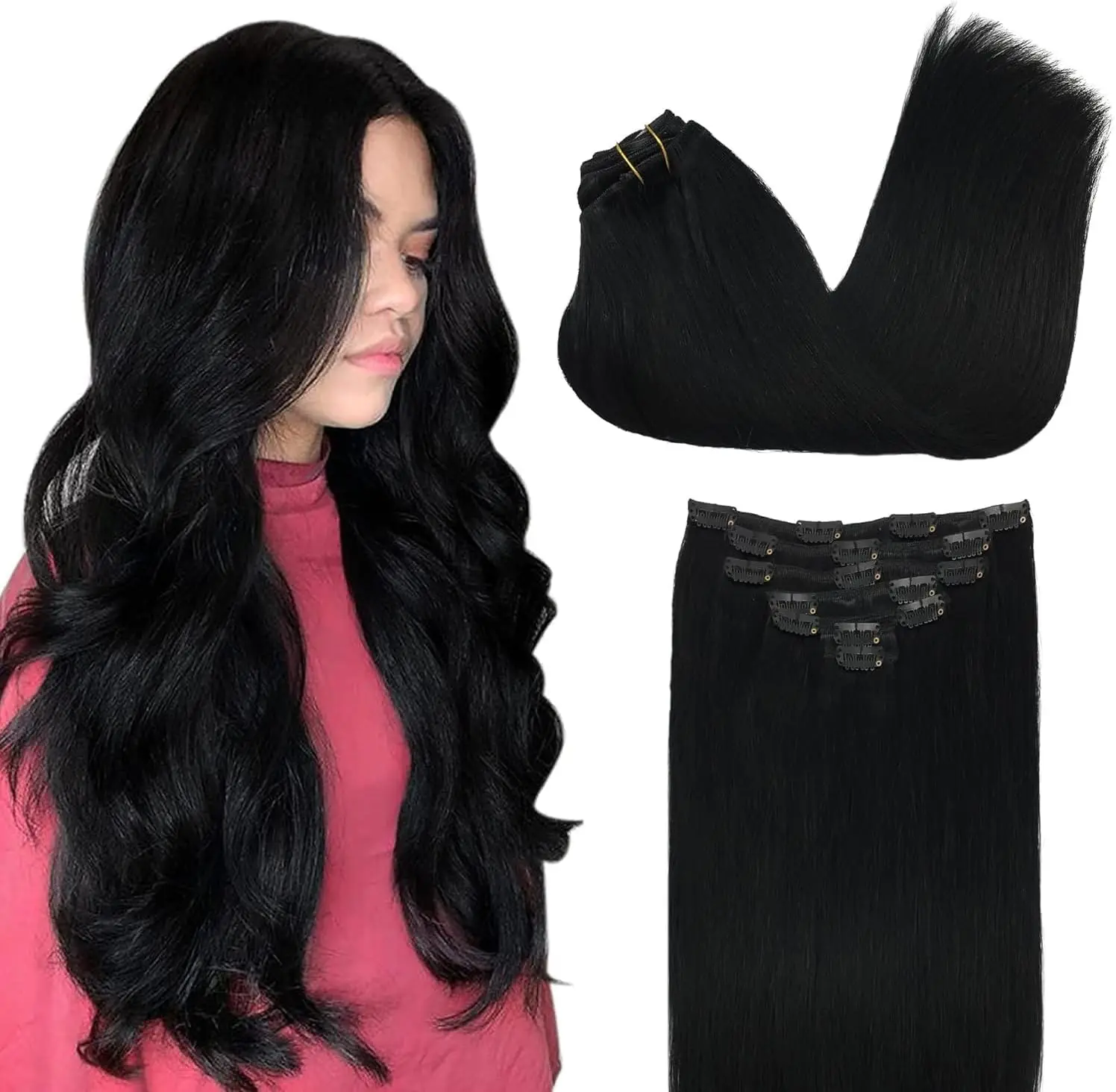 

Набор из 7 прядей на заколках, 16 дюймов, двойной плетеный, из натуральных человеческих волос, прямые, для женщин, легко наносятся для повседневного использования