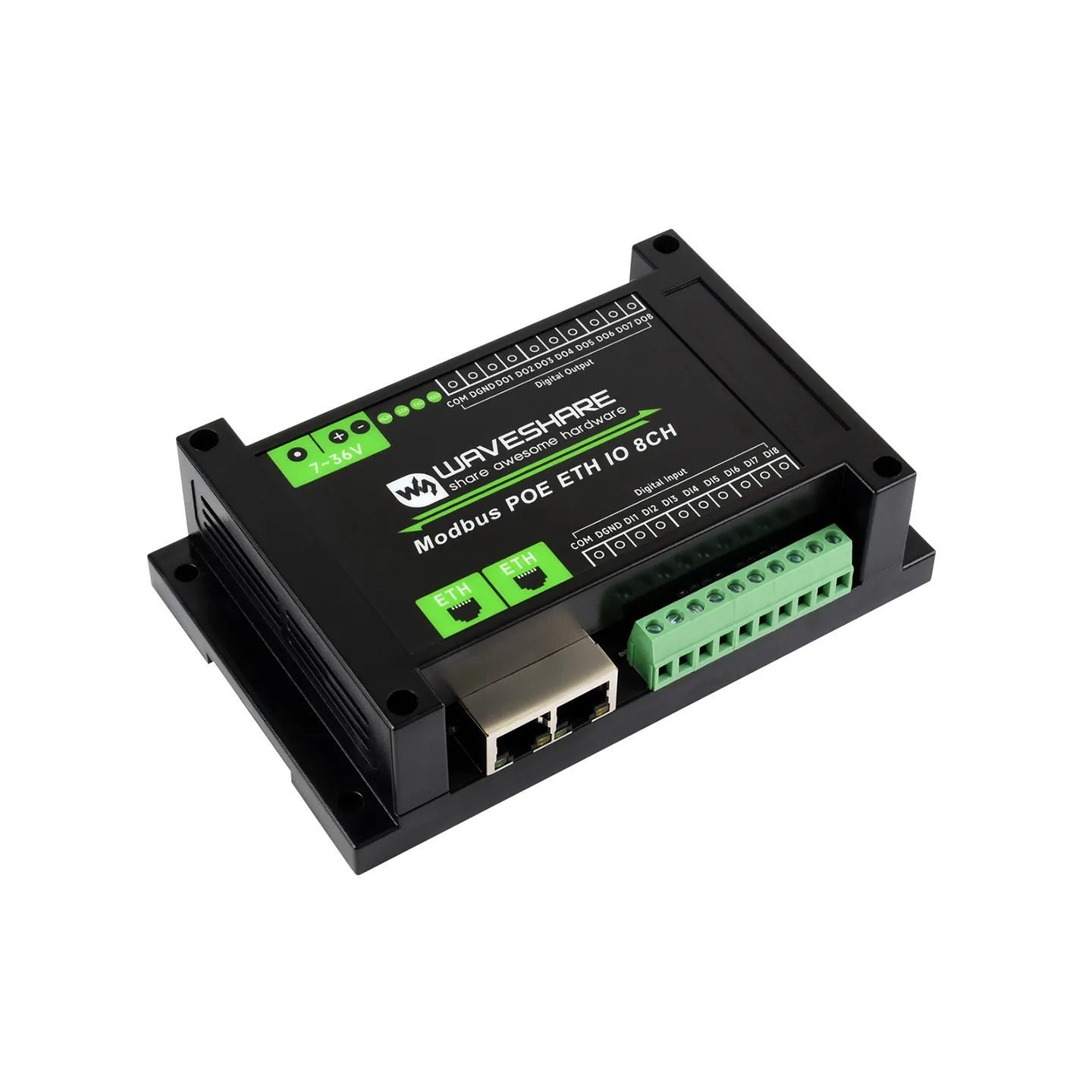 Waveshare 8-Channel Ethernet Digital Input/Output Module, Modbus RTU/TCP Protocol, PoE Powered