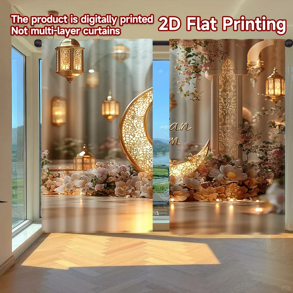 

2D flat printing 2pcs Scene Curtains Ramadan Crescent and Flowers Digital Printed Polyester Drapes Family Party Decoration