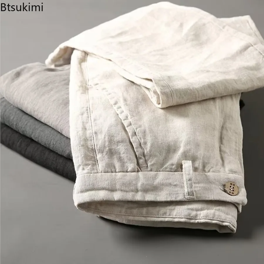 New 2026 Men's Casual Loose Linen Pants Vintage Straight Leg Suit Trousers Pure Color Summer Comfortable Leisure Pants for Men