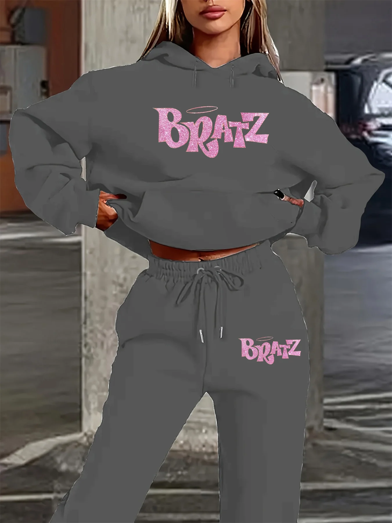 Conjunto de moletom feminino + calças esportivas hip hop street casual brtz carta padrão impresso solto outono/inverno roupas quentes